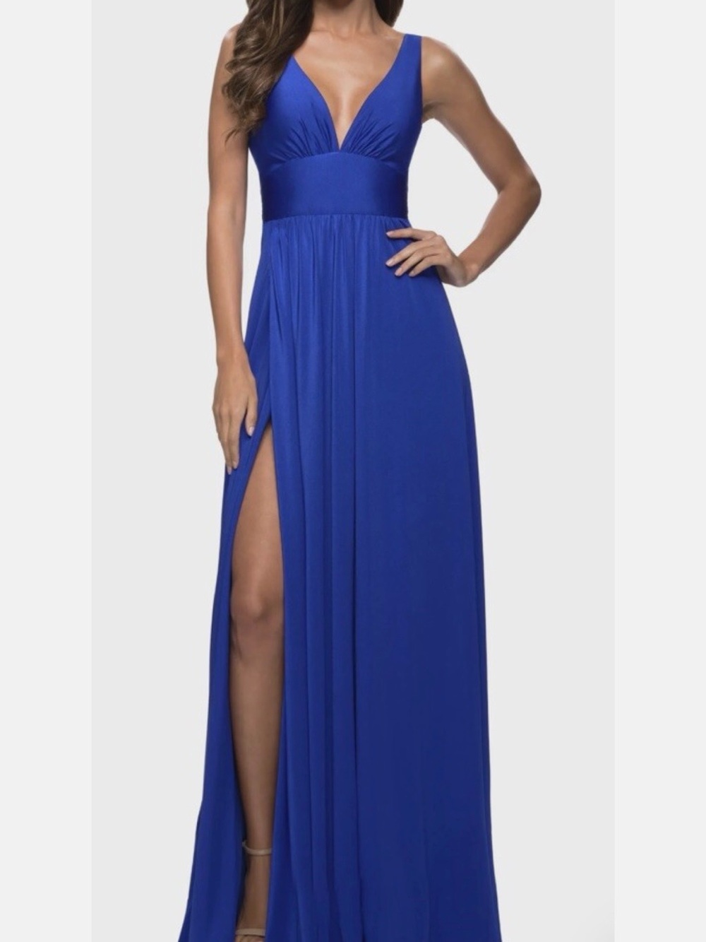 La Femme Cobalt Blue Plunging V-Neck Maxi Gown with Thigh Slit